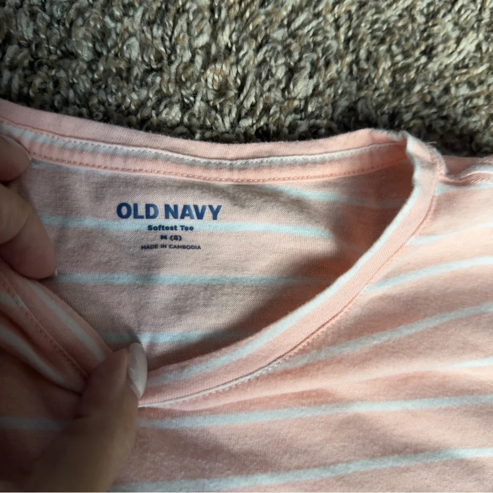 Old Navy Pink and White Striped Short Sleeve Tee Girls Medium (8)